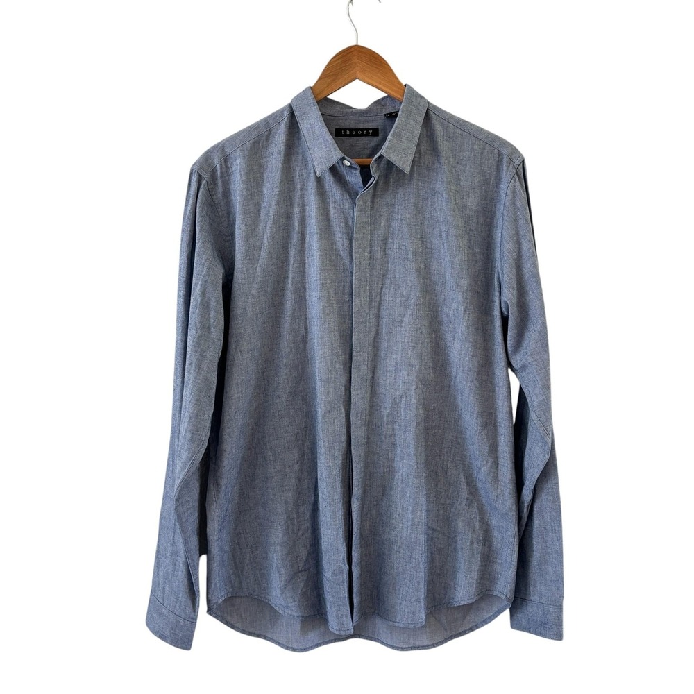 Theory Mens Classic Fit Long Sleeve Dress Shirt Size L Blue Chambray‎ Cotton
